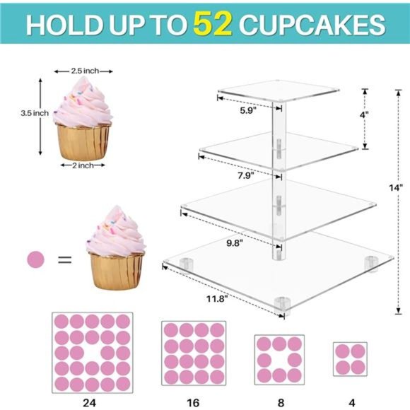 4 Tier Clear Acrylic Cupcake Stand with Gold LED String Lights, Square Tower - Picture 2 of 7